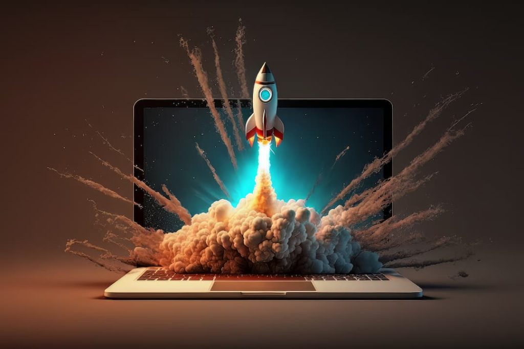 Modern Web Design Represented By A Space Rocket Flying Out Of A Laptop