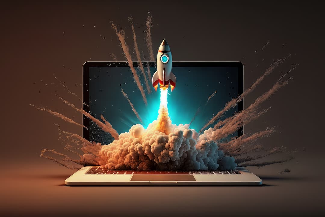 Modern Web Design Represented By A Space Rocket Flying Out Of A Laptop