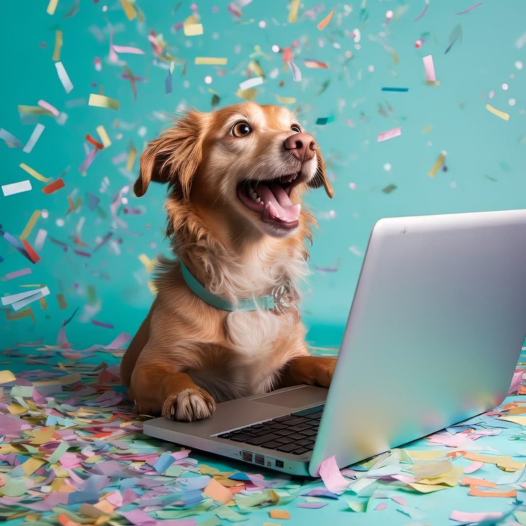 A Cute Dog Using A Laptop Surrounded By Confetti