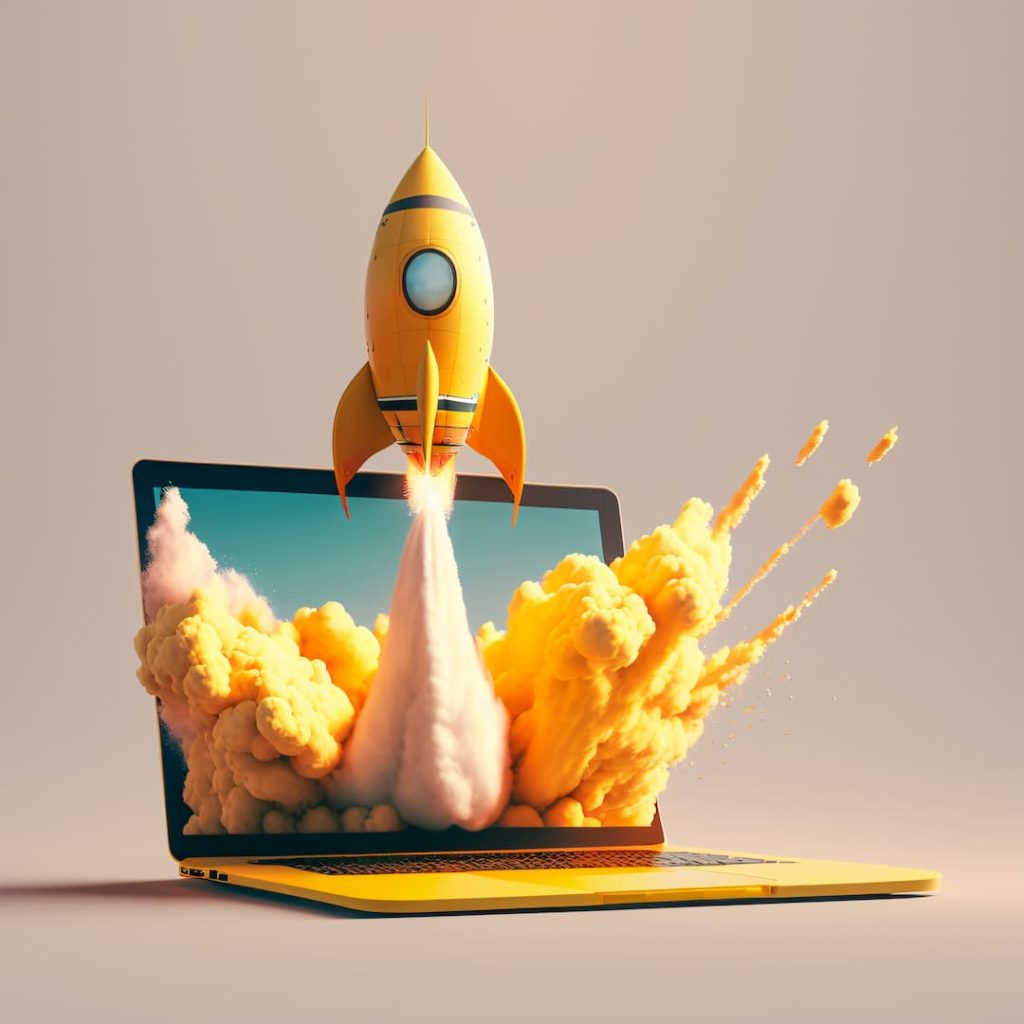 Yellow Rocket coming out of a laptop