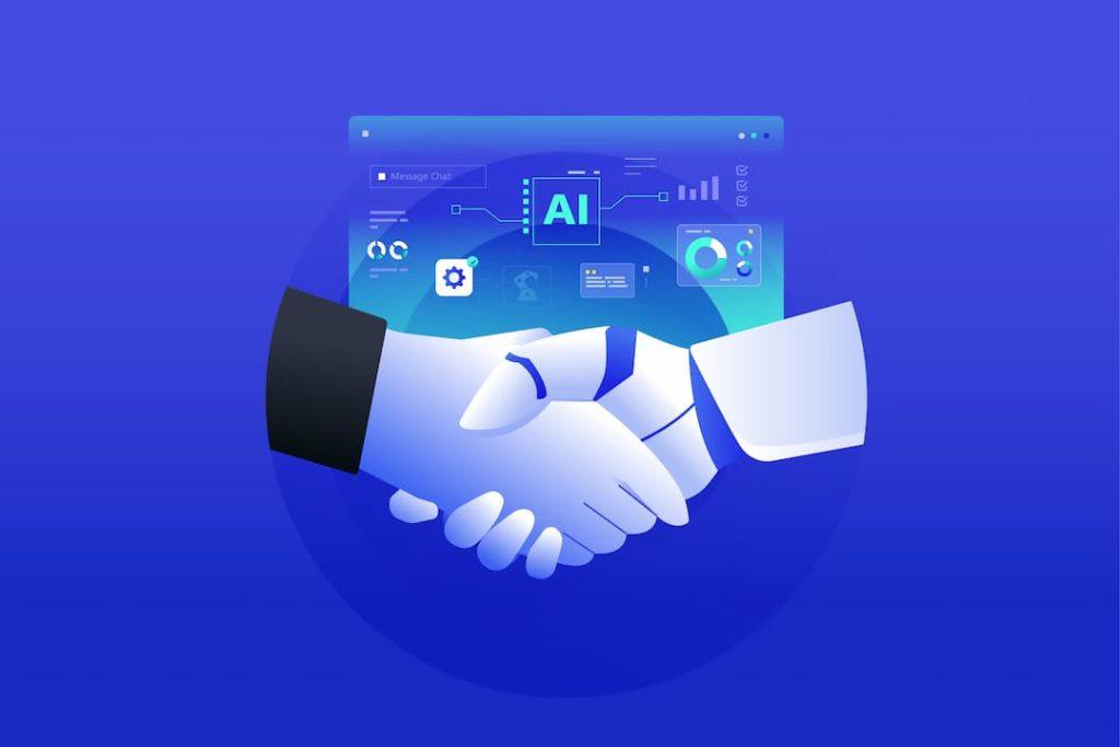 A Robot And Human Hand Shaking With Data In Background