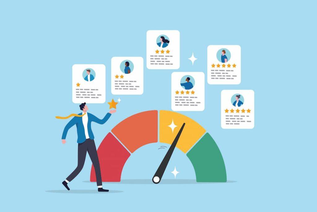 Performance review, employee evaluation rating assessment, star feedback for candidate, quality scale or appraisal comparison concept, businessman review employee performance with gauge and star